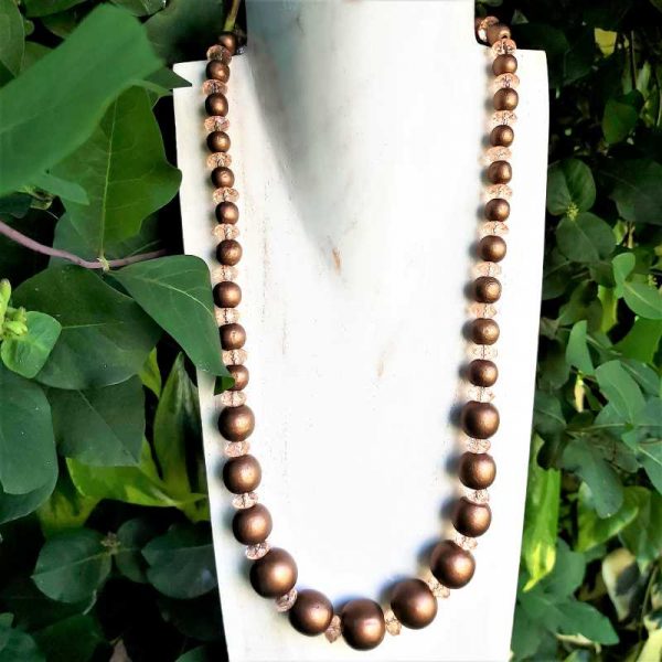 Brown Bead & Peach Crystal Necklace