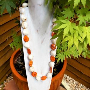 Long Orange & Cream Bead Necklace